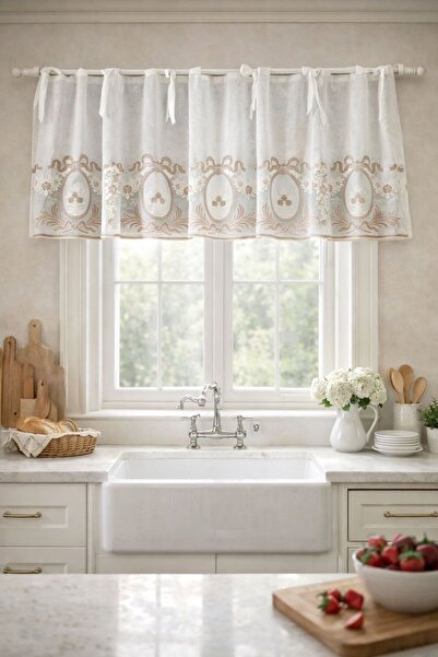 CASA NATURALE farbela keten üzerine süzene nakışlı farbela perde