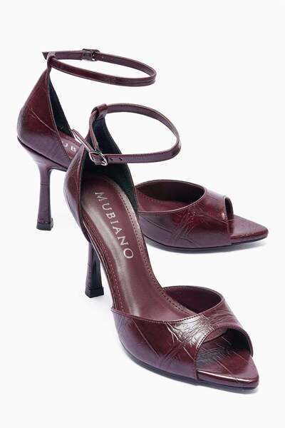 Mubiano Women's Stiletto Pointed Toe Crocodile Patterned Ankle Strap Heeled S...