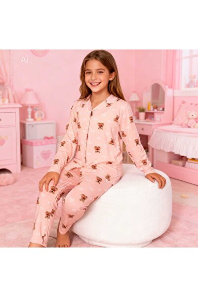 NiCe İç Giyim Ροζ Χρώμα Σετ Πιτζάμες για Κορίτσια με Σχέδιο Καρδιά & Αρκουδάκ...