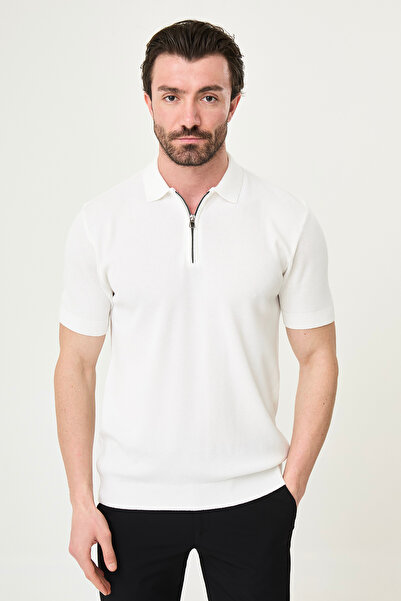 Mcr Ανδρικό πλεκτό μπλουζάκι με φερμουάρ και λαιμόκοψη πόλο, εκρού - 11594.26Y