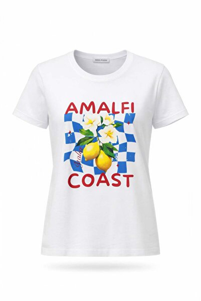 Miss Poem Γυναικείο λευκό μπλουζάκι Amalfi Coast με τύπωμα 100% Βαμβάκι