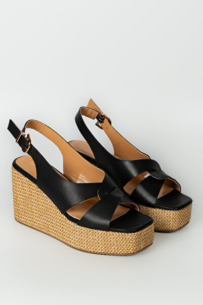 ERS Air Comfort Siyah Hakiki Deri Şık Kare Burunlu Platform Sandalet