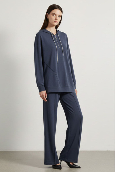 Loreen Hooded Zipper Detail Tunic Set-Indigo Indigo
