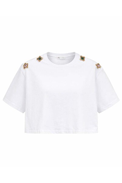 Miss Poem Γυναικείο λευκό μπλουζάκι ώμου Με πέτρινα αξεσουάρ Βαμβάκι lu Κοντό