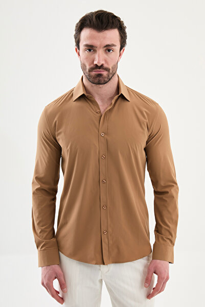 Mcr Cămașă pentru bărbați cu mânecă lungă, simplă, slim fit Camel - 27142.26Y
