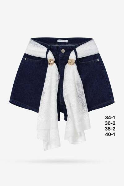 Miss Poem Women's Navy Blue Lace Jean Shorts with Scarf Detail