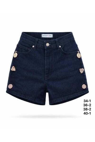 Miss Poem Women's Navy Blue Accessory Detail Jean Shorts