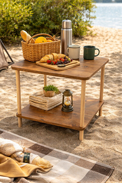 HESA Kamp Masası Atlantik Çam Desenli Çift Katlı Ahşap Ayaklı 60*60*43CM Özel...