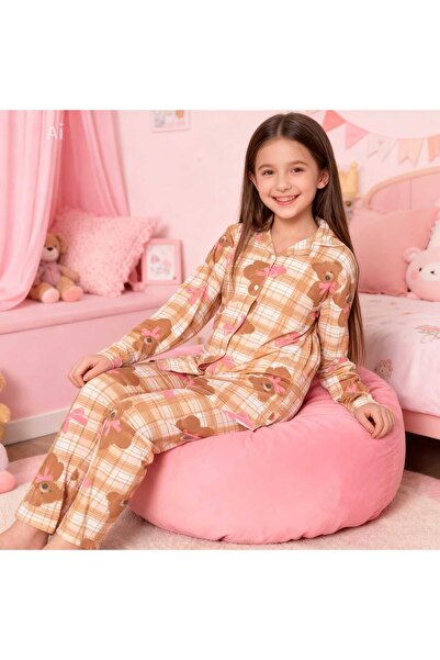 NiCe İç Giyim Coffee Pink Color Plaid Teddy Bear Pattern Shirt Collar Button ...