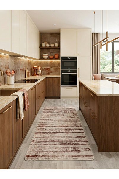 Brillant Eskitme Desen Bej Renk Kaymaz Taban Yolluk - Mutfak Halısı