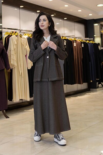 Sevitli Denim Skirt Jacket Double Set-Brown