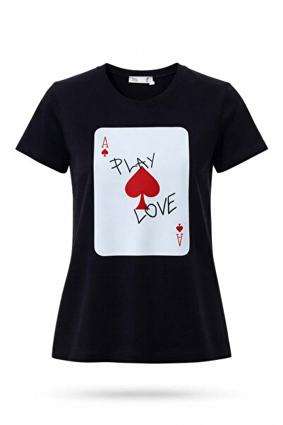 Miss Poem Γυναικείο μαύρο μπλουζάκι πόκερ με τύπωμα Βαμβάκι