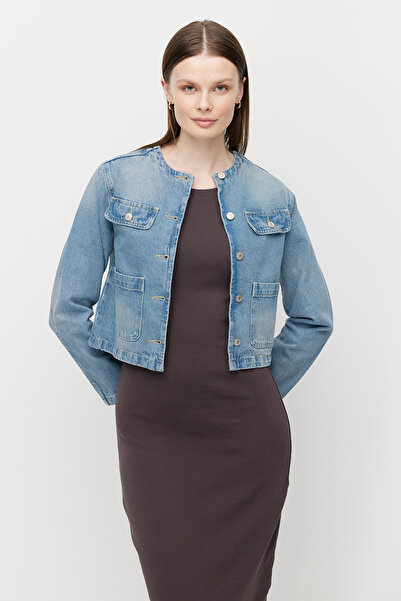 PAULMARK Γυναικείο τζιν μπουφάν χωρίς γιακά Με λεπτομέρεια τσέπης