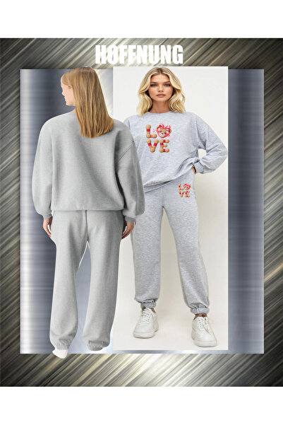 HOFFNUNG Unisex Casual Tracksuit Set Love Bear Head Outdoor Full Sweatshirt