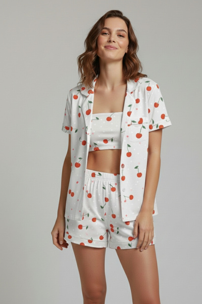 İPEKTENİM Kiraz Desenli Beyaz Üçlü Crop/Gömlek/Şort Pijama Takımı