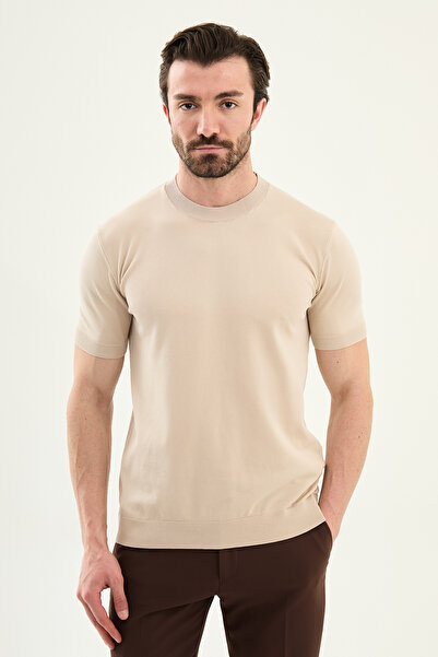 Mcr Plain Slim Fit Crew Neck Men's Knitwear T-Shirt Beige - 11583.26Y