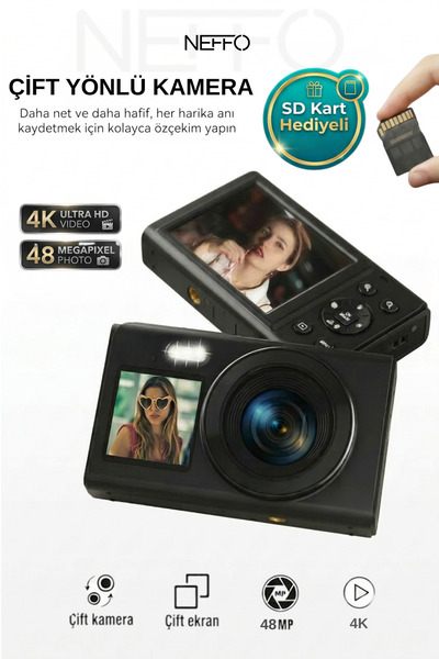 NEFFO 4K Dijital Retro Video Kamera 48MP Flaşlı Kart Dijital Vlog Fotoğraf Ma...