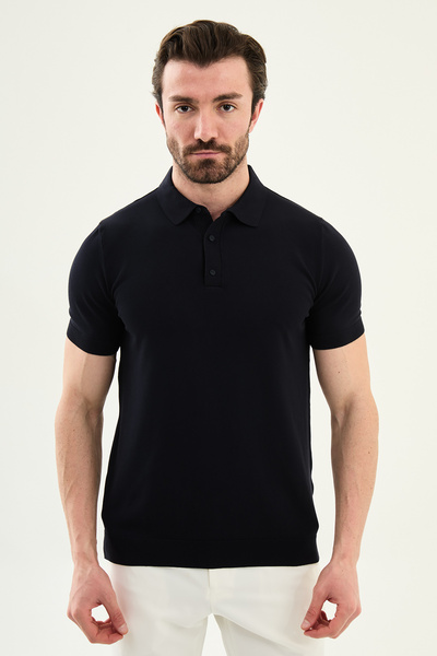 Mcr Ανδρικό πλεκτό μπλουζάκι με λαιμόκοψη πόλο, μονόχρωμο μπλε ναυτικό - 1158...