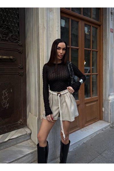 Fav Style Women's High Waist Knitted Belt Pack Pocketed Shorts Beige