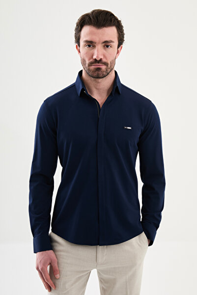 Mcr Straight Slim Fit Zipper Long Sleeve Men's Shirt Navy Blue - 27141.26Y