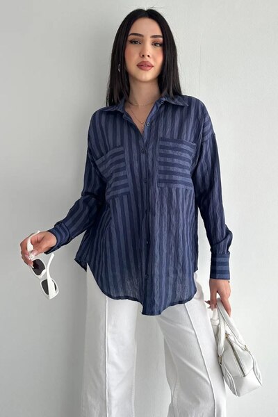 Noa&Noa Couple Pocketed Striped Shirt-Navy Blue Dark Blue