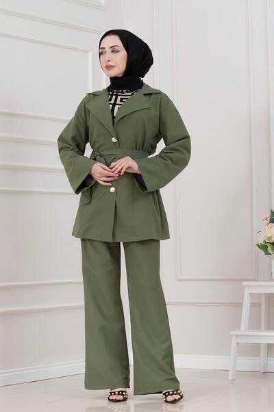 Sevitli Belt and Buckle Detail Double Set-Khaki̇