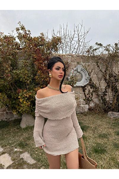 kırmızı butiks Bej Katlamalı Triko Madonna Elbise