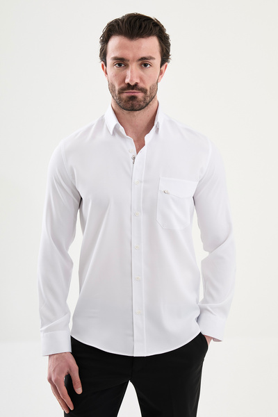 Mcr Plain Slim Fit Pocketed Long Sleeve Men's Shirt White - 27143.26Y