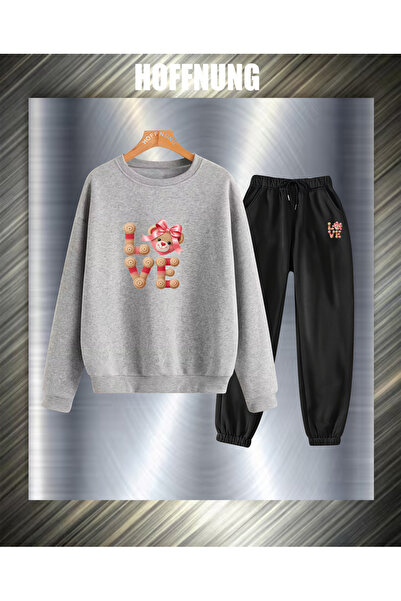 HOFFNUNG Unisex Casual Tracksuit Set Love Bear Head Outdoor Full Sweatshirt