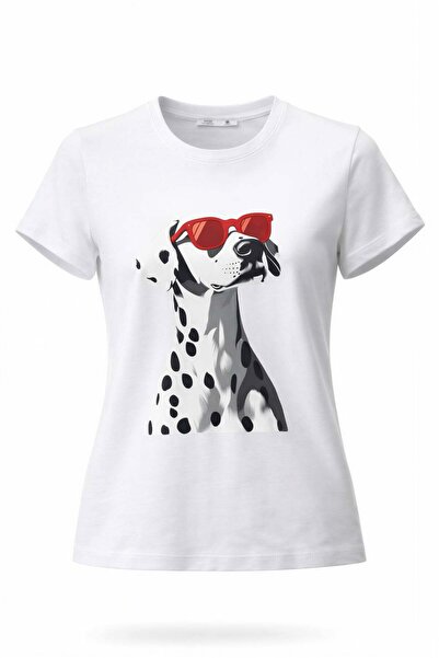 Miss Poem Γυναικείο λευκό μπλουζάκι με σχέδιο σκύλου Δαλματίας με τύπωμα Βαμβάκι