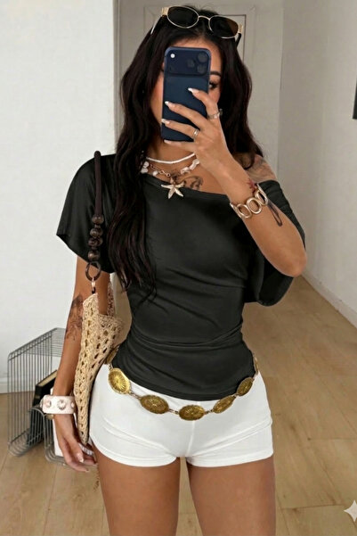 Tarz Cool Women's Ruched Detailed Boat Neck Basic T-Shirt Casual Blouse