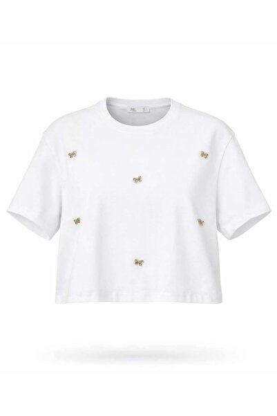 Miss Poem Γυναικείο λευκό μπλουζάκι Λεπτομέρεια με φιόγκο Βαμβάκι lu Κοντό