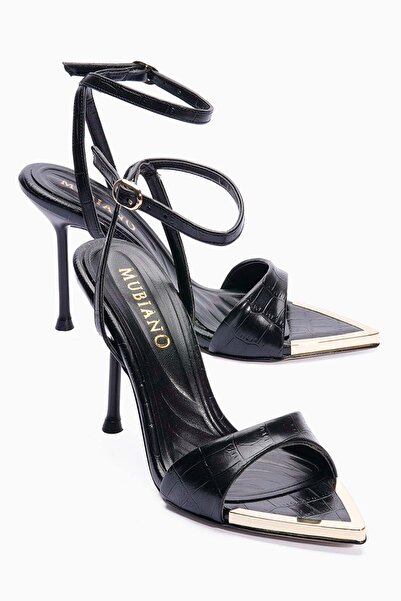 Mubiano Women's Stiletto Pointed Toe Crocodile Patterned Metal Toe Detail wit...