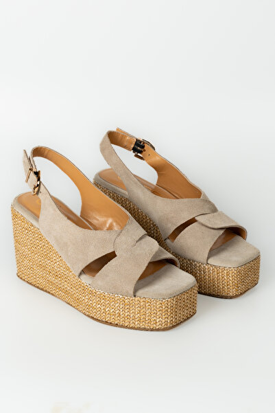 ERS Air Comfort Bej Süet Hakiki Deri Şık Kare Burunlu Platform Sandalet