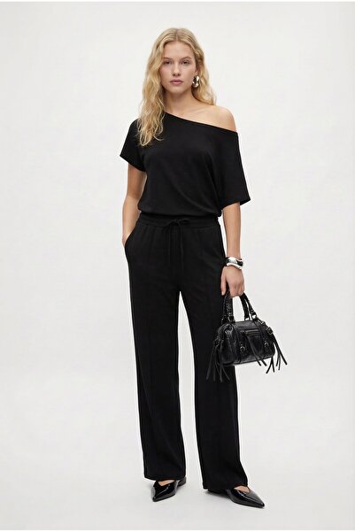 Ritnice Women's Zeny Modal Touch Boat Neck Waist Elastic Pocketed Black Botto...