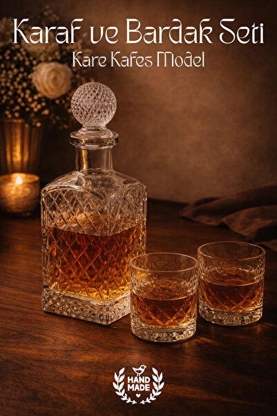 GİNZAMAİSON El Yapımı Cam, Kafes Model Kapaklı Kare Cam Karaf ve 2'li Bardak ...