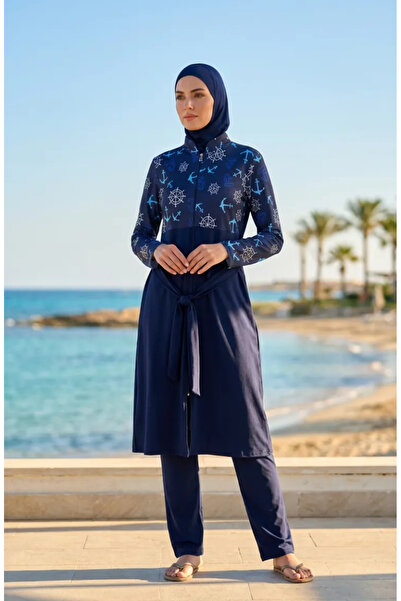 sefamerve Patterned Tesettür Swimsuit 2610-02 Navy Blue