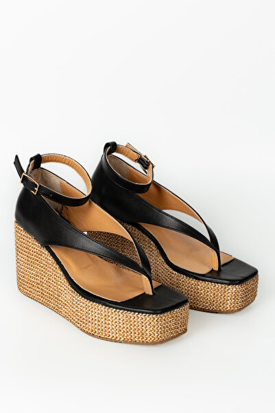 ERS Air Comfort Siyah Hakiki Deri Şık Kare Burunlu Parmak Arası Platform Sand...