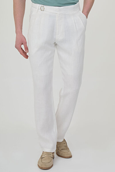 Mcr Straight Slim Fit Pleated Belt Buckled 100% Linen Men's Trousers Ecru - 3...