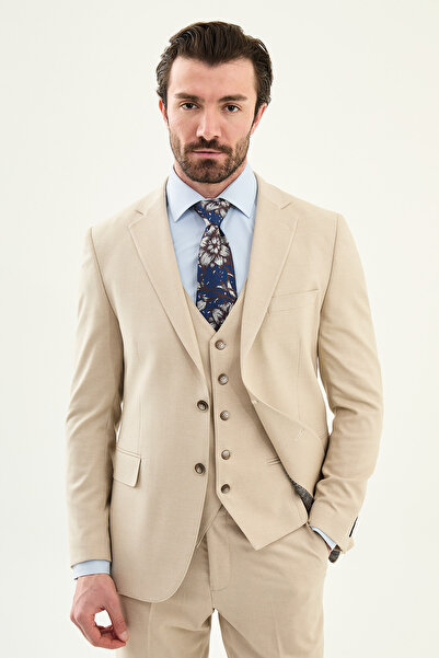 Mcr Duz Slim Fit Mono Collar Classic Vest Set Men's Suit Beige - 45441.26Y