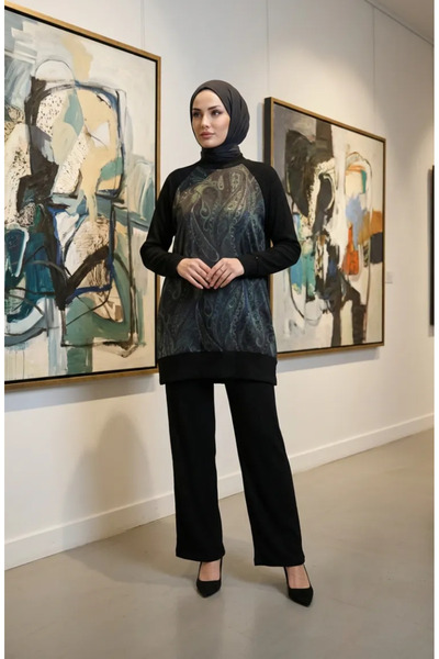 sefamerve Shawl Patterned Pleated Double Set 2240-02 Black Khaki