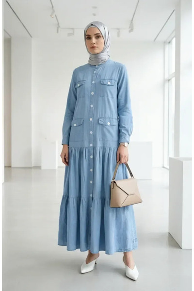 sefamerve Buttoned Pocketed Denim Dress 33020-02 Light Blue