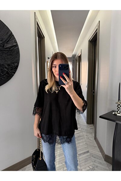 CKBUTİK Μαύρη δαντελένια μπλούζα με λεπτομερή σχεδίαση-4120