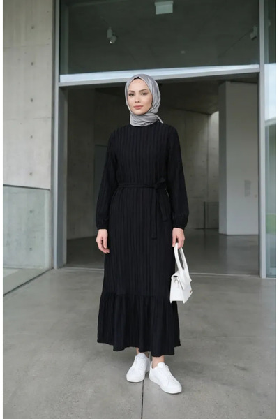 sefamerve Ruched Textured Belted Dress 2242-04 Black