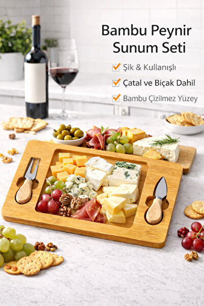 Alika Tekstil ve Ev Gereçleri Bambu Peynir Sunum Tahtası, Bıçaklı Servis Tabağı