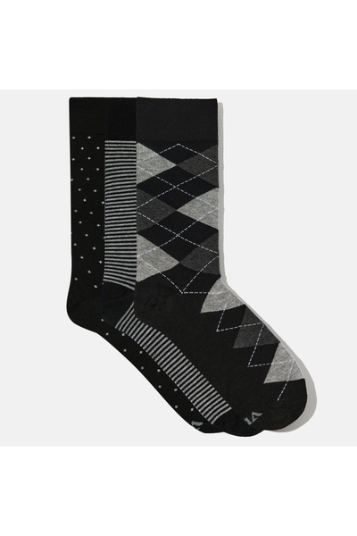 VARDAR SOCKS Dikişsiz Bambu Çorap Jakarlı Siyah Renk Karma Desenli Erkek Çorap Kutulu 3 Çift Premium Uzun Çorap