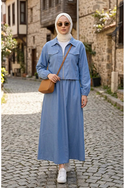 sefamerve Zippered Denim Look Double Suit 0254-01 Blue