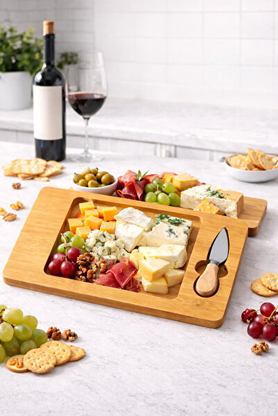 Alika Tekstil ve Ev Gereçleri Bambu Peynir Sunum Tahtası, Bıçaklı Servis Tabağı