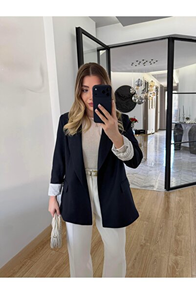 CKBUTİK Lacivert Çizgili Astarlı Poliviskon Ceket-9300