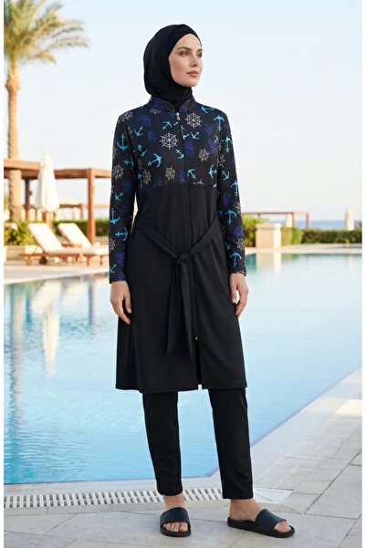 sefamerve Patterned Hijab Swimsuit 2610-01 Black